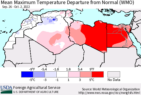 North Africa Mean Maximum Temperature Departure from Normal (WMO) Thematic Map For 9/26/2022 - 10/2/2022