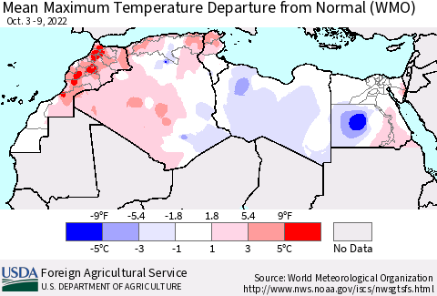 North Africa Mean Maximum Temperature Departure from Normal (WMO) Thematic Map For 10/3/2022 - 10/9/2022