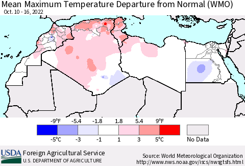 North Africa Mean Maximum Temperature Departure from Normal (WMO) Thematic Map For 10/10/2022 - 10/16/2022