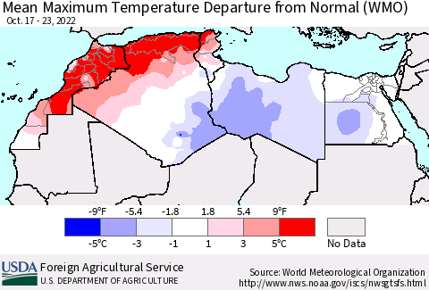 North Africa Mean Maximum Temperature Departure from Normal (WMO) Thematic Map For 10/17/2022 - 10/23/2022