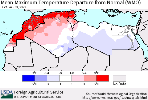 North Africa Mean Maximum Temperature Departure from Normal (WMO) Thematic Map For 10/24/2022 - 10/30/2022