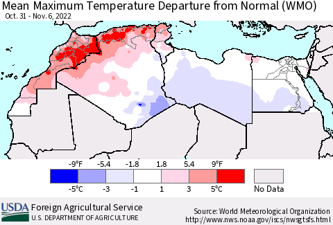 North Africa Mean Maximum Temperature Departure from Normal (WMO) Thematic Map For 10/31/2022 - 11/6/2022