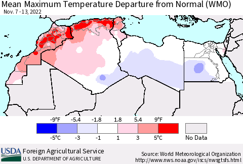 North Africa Mean Maximum Temperature Departure from Normal (WMO) Thematic Map For 11/7/2022 - 11/13/2022