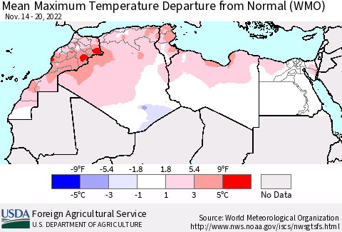 North Africa Mean Maximum Temperature Departure from Normal (WMO) Thematic Map For 11/14/2022 - 11/20/2022