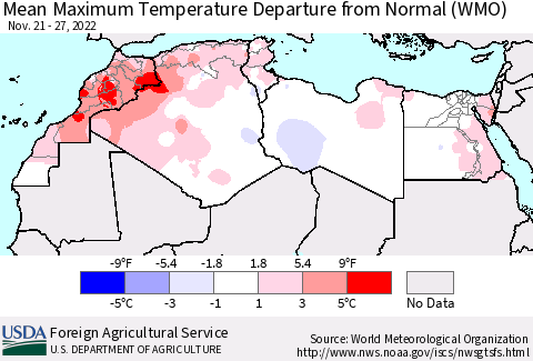 North Africa Mean Maximum Temperature Departure from Normal (WMO) Thematic Map For 11/21/2022 - 11/27/2022