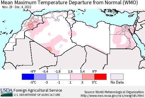 North Africa Mean Maximum Temperature Departure from Normal (WMO) Thematic Map For 11/28/2022 - 12/4/2022