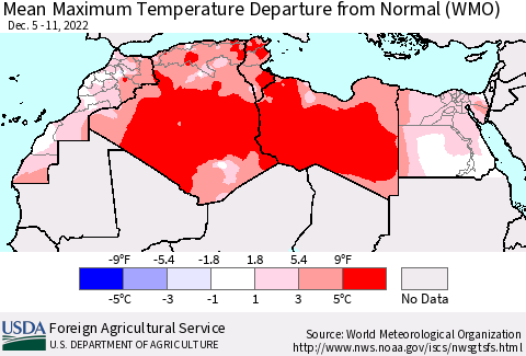 North Africa Mean Maximum Temperature Departure from Normal (WMO) Thematic Map For 12/5/2022 - 12/11/2022