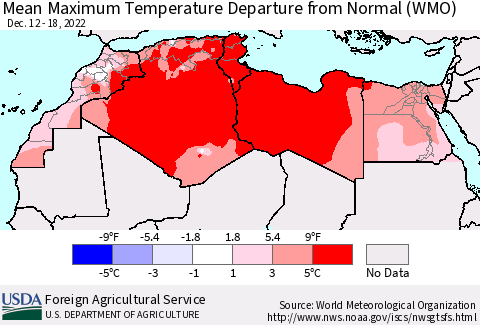 North Africa Mean Maximum Temperature Departure from Normal (WMO) Thematic Map For 12/12/2022 - 12/18/2022
