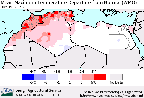 North Africa Mean Maximum Temperature Departure from Normal (WMO) Thematic Map For 12/19/2022 - 12/25/2022