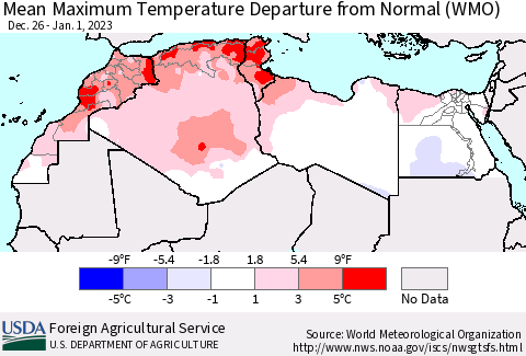 North Africa Mean Maximum Temperature Departure from Normal (WMO) Thematic Map For 12/26/2022 - 1/1/2023