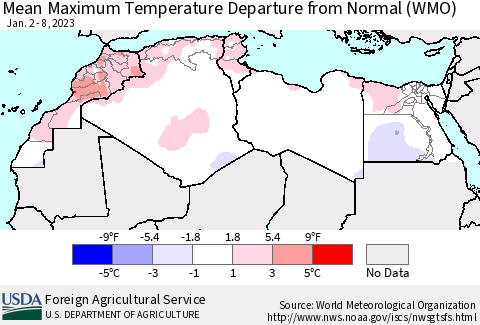 North Africa Mean Maximum Temperature Departure from Normal (WMO) Thematic Map For 1/2/2023 - 1/8/2023