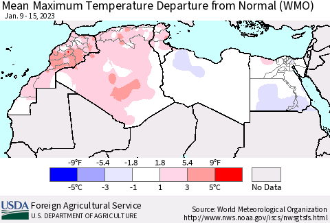 North Africa Mean Maximum Temperature Departure from Normal (WMO) Thematic Map For 1/9/2023 - 1/15/2023