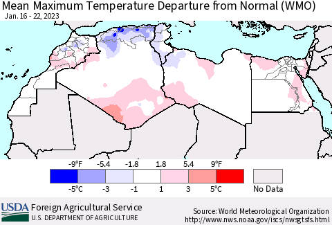North Africa Mean Maximum Temperature Departure from Normal (WMO) Thematic Map For 1/16/2023 - 1/22/2023