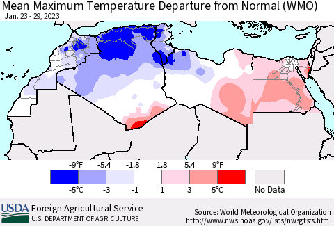 North Africa Mean Maximum Temperature Departure from Normal (WMO) Thematic Map For 1/23/2023 - 1/29/2023