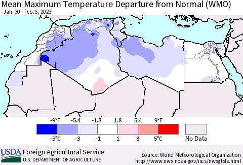 North Africa Mean Maximum Temperature Departure from Normal (WMO) Thematic Map For 1/30/2023 - 2/5/2023