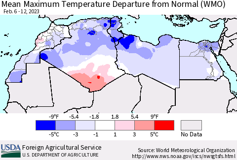 North Africa Mean Maximum Temperature Departure from Normal (WMO) Thematic Map For 2/6/2023 - 2/12/2023
