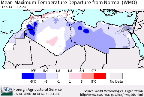 North Africa Mean Maximum Temperature Departure from Normal (WMO) Thematic Map For 2/13/2023 - 2/19/2023