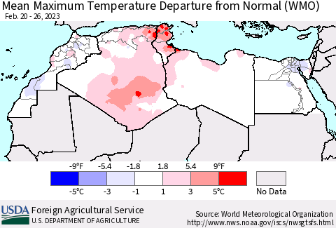 North Africa Mean Maximum Temperature Departure from Normal (WMO) Thematic Map For 2/20/2023 - 2/26/2023