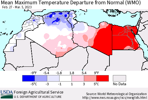 North Africa Mean Maximum Temperature Departure from Normal (WMO) Thematic Map For 2/27/2023 - 3/5/2023