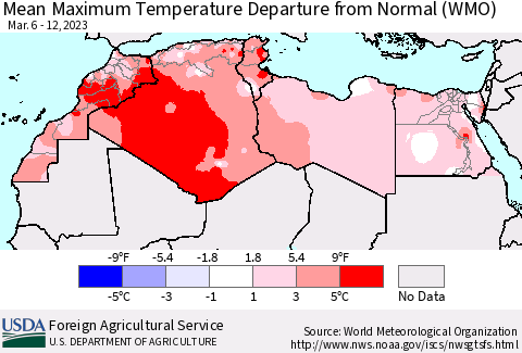 North Africa Mean Maximum Temperature Departure from Normal (WMO) Thematic Map For 3/6/2023 - 3/12/2023