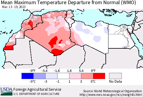 North Africa Mean Maximum Temperature Departure from Normal (WMO) Thematic Map For 3/13/2023 - 3/19/2023