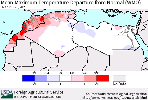 North Africa Mean Maximum Temperature Departure from Normal (WMO) Thematic Map For 3/20/2023 - 3/26/2023