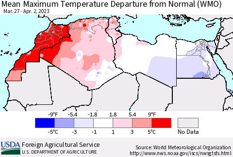 North Africa Mean Maximum Temperature Departure from Normal (WMO) Thematic Map For 3/27/2023 - 4/2/2023