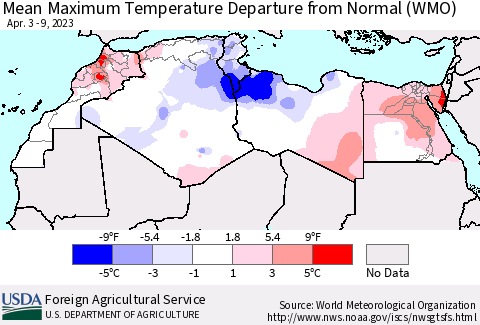North Africa Mean Maximum Temperature Departure from Normal (WMO) Thematic Map For 4/3/2023 - 4/9/2023