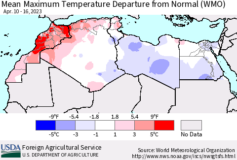 North Africa Mean Maximum Temperature Departure from Normal (WMO) Thematic Map For 4/10/2023 - 4/16/2023