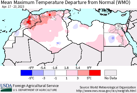 North Africa Mean Maximum Temperature Departure from Normal (WMO) Thematic Map For 4/17/2023 - 4/23/2023