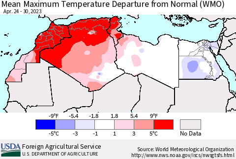 North Africa Mean Maximum Temperature Departure from Normal (WMO) Thematic Map For 4/24/2023 - 4/30/2023