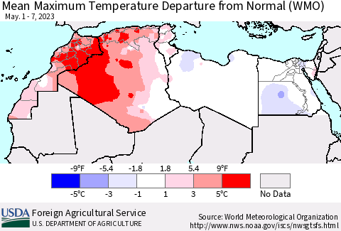 North Africa Mean Maximum Temperature Departure from Normal (WMO) Thematic Map For 5/1/2023 - 5/7/2023