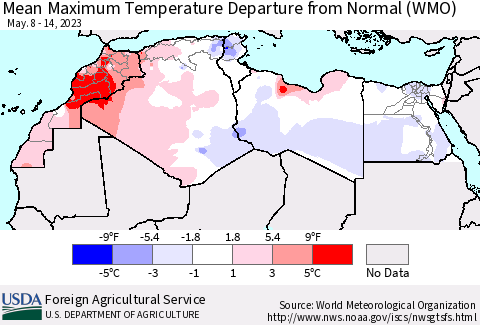 North Africa Mean Maximum Temperature Departure from Normal (WMO) Thematic Map For 5/8/2023 - 5/14/2023
