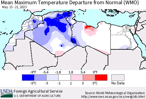 North Africa Mean Maximum Temperature Departure from Normal (WMO) Thematic Map For 5/15/2023 - 5/21/2023