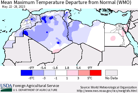 North Africa Mean Maximum Temperature Departure from Normal (WMO) Thematic Map For 5/22/2023 - 5/28/2023