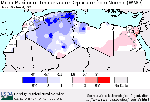 North Africa Mean Maximum Temperature Departure from Normal (WMO) Thematic Map For 5/29/2023 - 6/4/2023