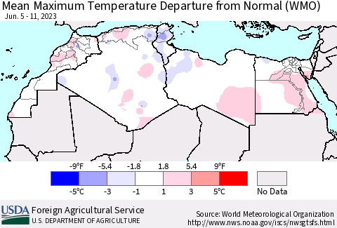North Africa Mean Maximum Temperature Departure from Normal (WMO) Thematic Map For 6/5/2023 - 6/11/2023