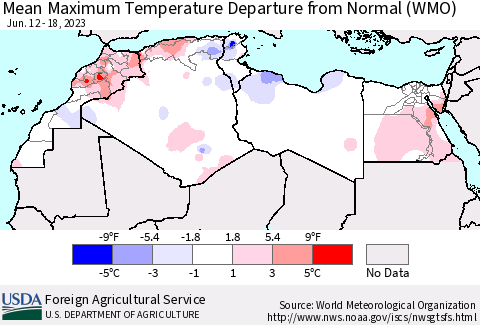North Africa Mean Maximum Temperature Departure from Normal (WMO) Thematic Map For 6/12/2023 - 6/18/2023