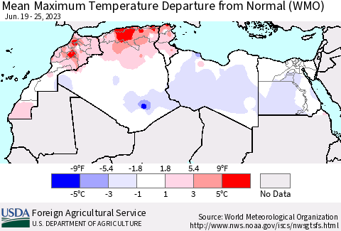 North Africa Mean Maximum Temperature Departure from Normal (WMO) Thematic Map For 6/19/2023 - 6/25/2023