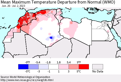North Africa Mean Maximum Temperature Departure from Normal (WMO) Thematic Map For 6/26/2023 - 7/2/2023