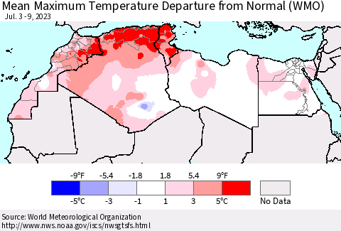 North Africa Mean Maximum Temperature Departure from Normal (WMO) Thematic Map For 7/3/2023 - 7/9/2023