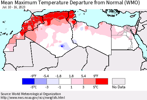 North Africa Mean Maximum Temperature Departure from Normal (WMO) Thematic Map For 7/10/2023 - 7/16/2023