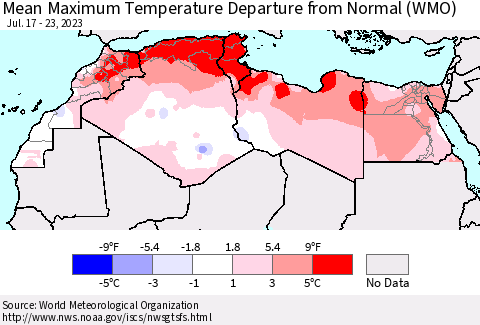 North Africa Mean Maximum Temperature Departure from Normal (WMO) Thematic Map For 7/17/2023 - 7/23/2023