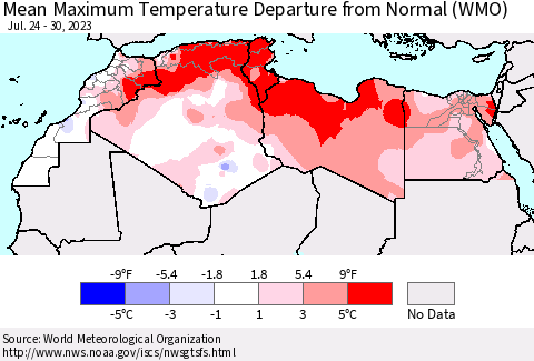 North Africa Mean Maximum Temperature Departure from Normal (WMO) Thematic Map For 7/24/2023 - 7/30/2023