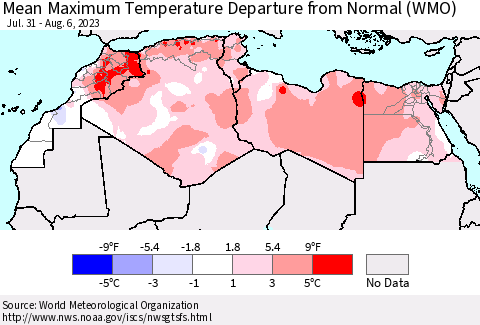 North Africa Mean Maximum Temperature Departure from Normal (WMO) Thematic Map For 7/31/2023 - 8/6/2023
