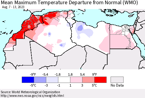 North Africa Mean Maximum Temperature Departure from Normal (WMO) Thematic Map For 8/7/2023 - 8/13/2023