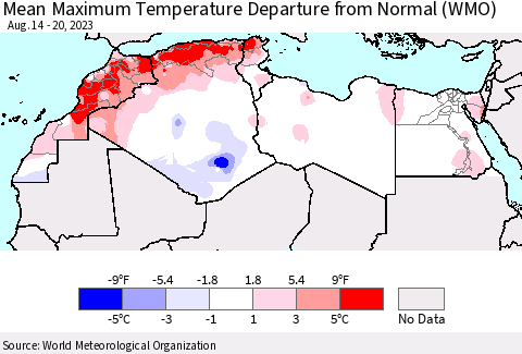 North Africa Mean Maximum Temperature Departure from Normal (WMO) Thematic Map For 8/14/2023 - 8/20/2023