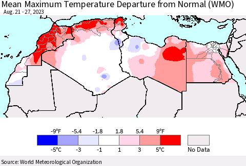 North Africa Mean Maximum Temperature Departure from Normal (WMO) Thematic Map For 8/21/2023 - 8/27/2023