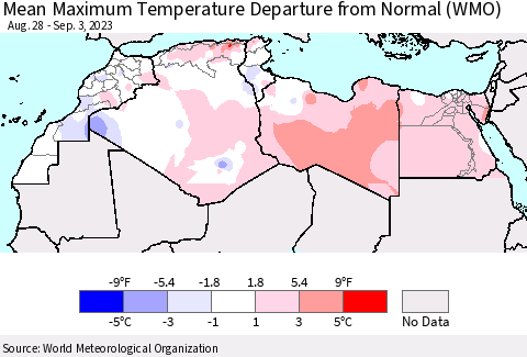 North Africa Mean Maximum Temperature Departure from Normal (WMO) Thematic Map For 8/28/2023 - 9/3/2023