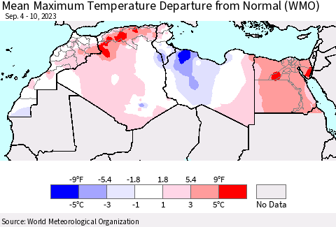 North Africa Mean Maximum Temperature Departure from Normal (WMO) Thematic Map For 9/4/2023 - 9/10/2023
